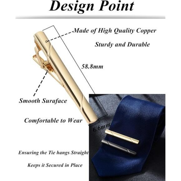Mens Tie Clip Set 12 Pack Silver Gold Black Blue Necktie Bar for Suit Tie - Picture 2 of 8